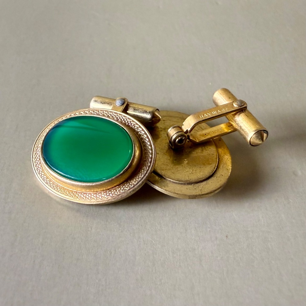 Vintage Hayward Gold-Filled Cufflinks with Green Cabochon Stone | Mid-Century
